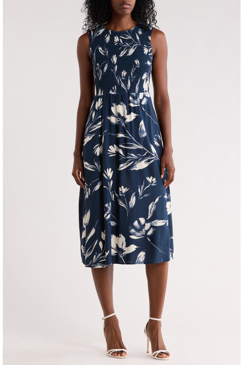 Smocked Sleeveless Fit & Flare Midi Dress, Main, color, INDIGO MULTI