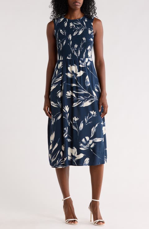 Smocked Sleeveless Fit & Flare Midi Dress