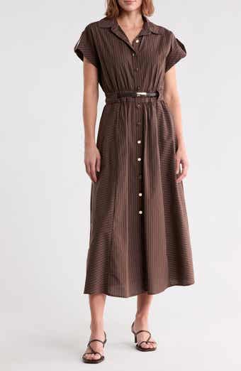 Stripe Short Sleeve Belted Cotton Shirtdress