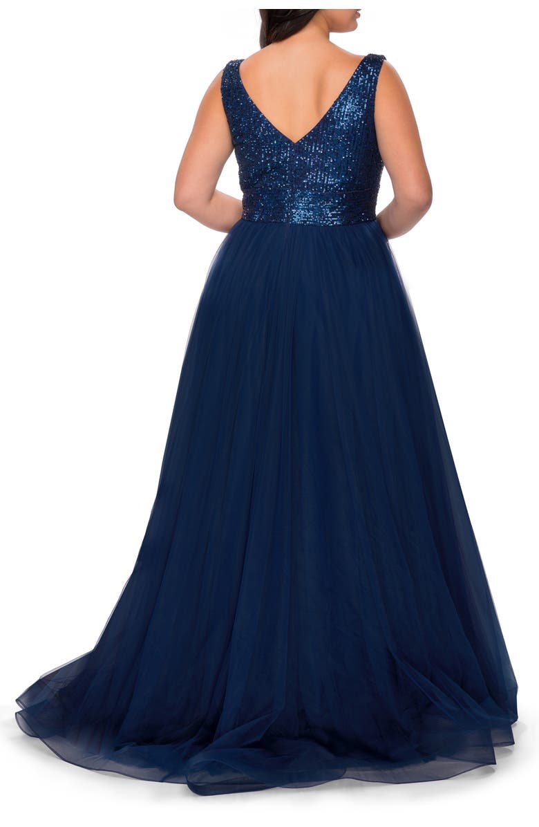 La Femme Curvy A-line Gown with Sequin Bodice and Tulle Skirt, Alternate, color, Navy