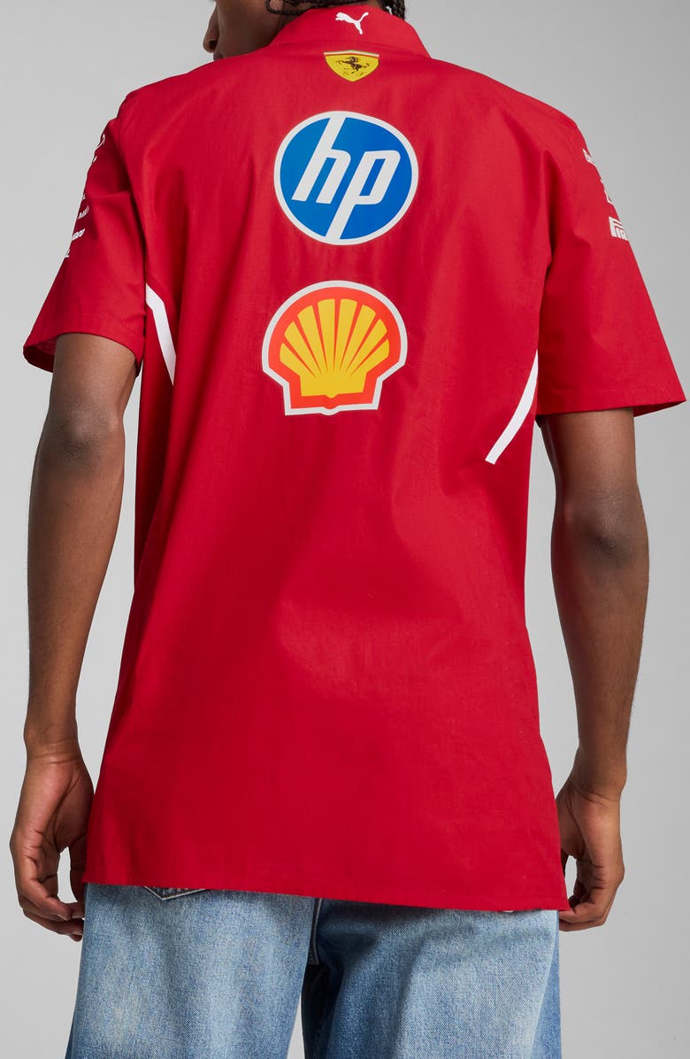 PUMA Scuderia Ferrari 2025 Team Short Sleeve Stretch Cotton Poplin Button-Up Shirt, Alternate, color, Dark Cherry