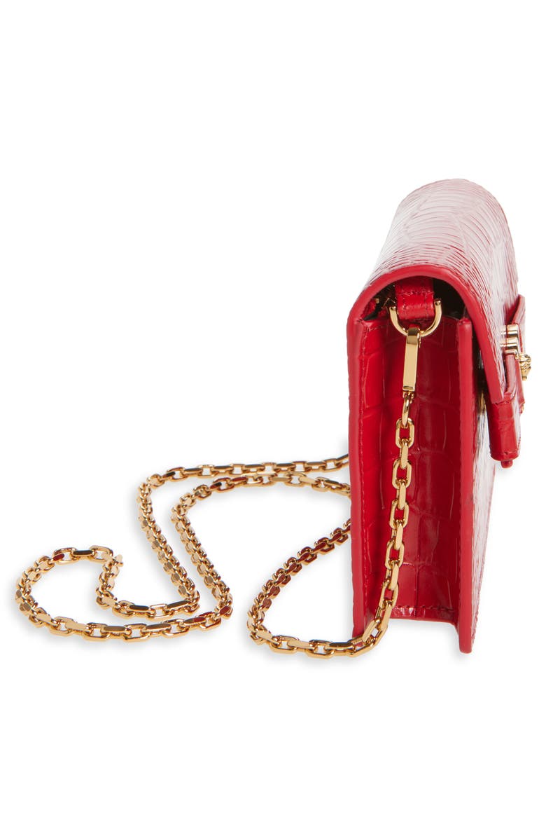 Versace Medusa Croc Embossed Leather Wallet on a Chain, Alternate, color, Red Versace Gold