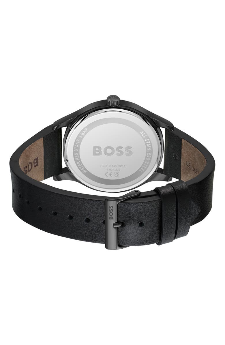 BOSS Three-Hand Quartz Leather Strap Watch, 43mm, Alternate, color, Black Dial