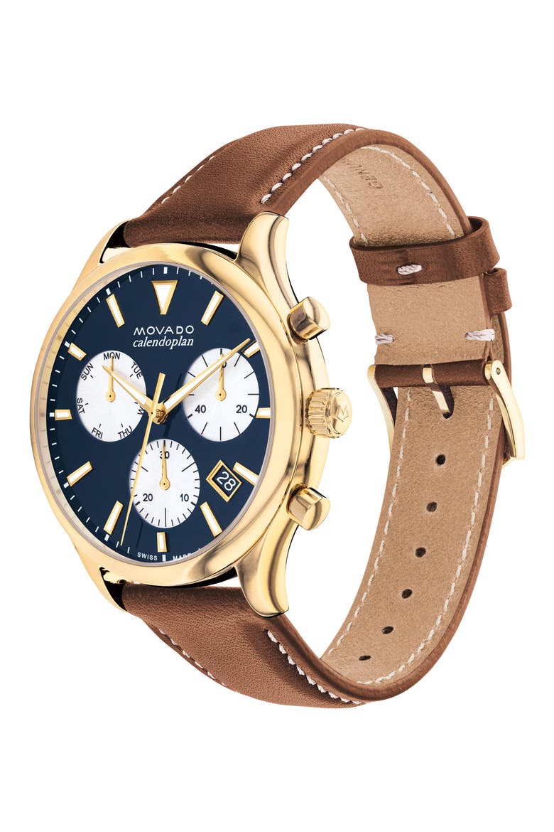 Heritage Chronograph Leather Strap Watch, 43mm, Alternate, color, BLUE