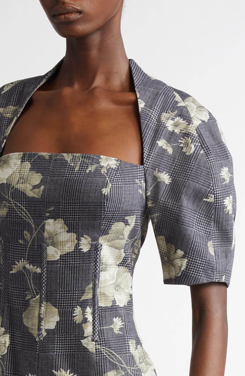 Lela Rose Floral Print Glen Plaid Bubble Sleeve Midi, Alternate, color, 