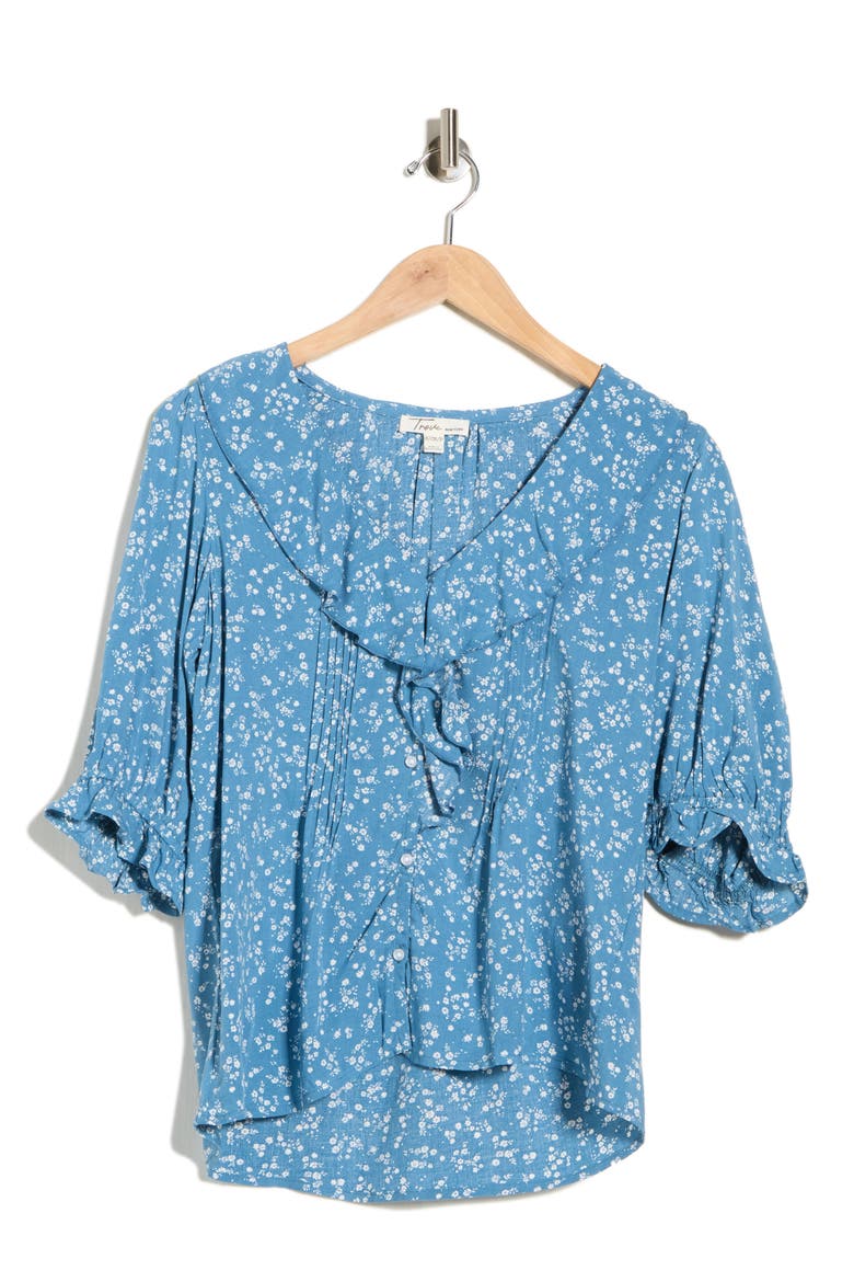 Floral Ruffle Puff Sleeve Button-Up Top, Alternate, color, COZY SKY