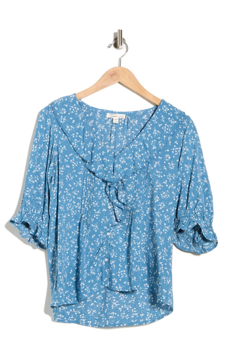 Trove New York Floral Ruffle Puff Sleeve Button-Up Top, Main, color, Cozy Sky