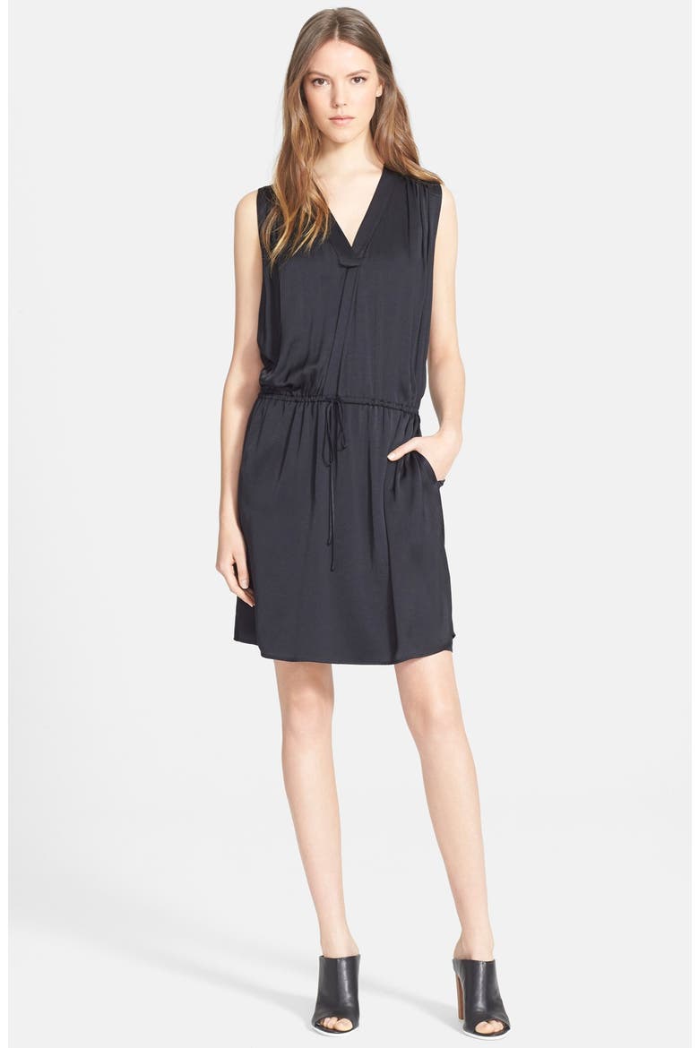 Shirred Shoulder V-Neck Dress, Main, color, BLACK