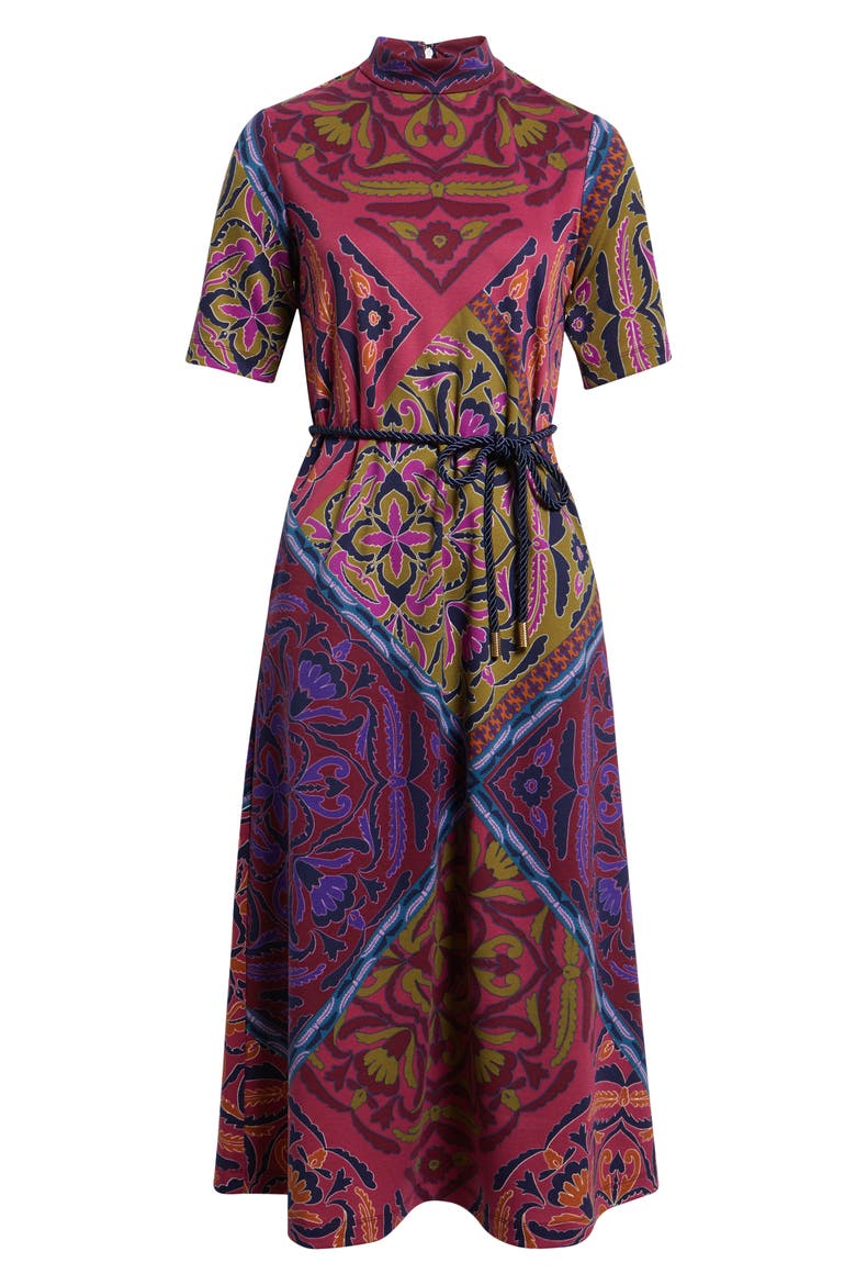 Print Tie Belt Midi Dress, Alternate, color, DISTANT MOUNTAIN MULTI
