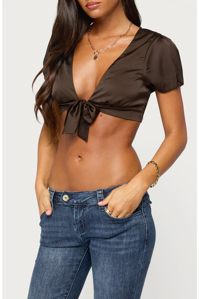 Beki Tie Front Satin Crop Top, Alternate, color, BROWN