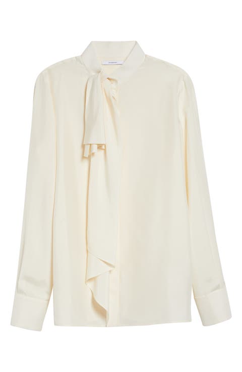 Draped Bow Silk Button-Up Shirt