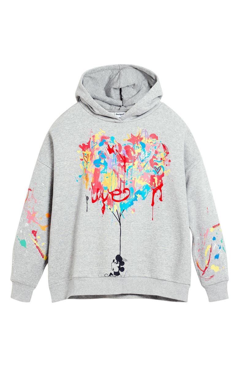 Desigual Mickey Mouse Paint Splattered Fleece Graphic Hoodie, Alternate, color, Gray