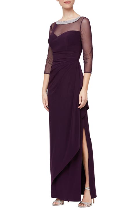 Illusion Sleeve Side Ruched Gown (Petite)
