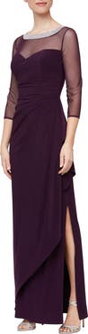 Alex Evenings Illusion Sleeve Side Ruched Gown
