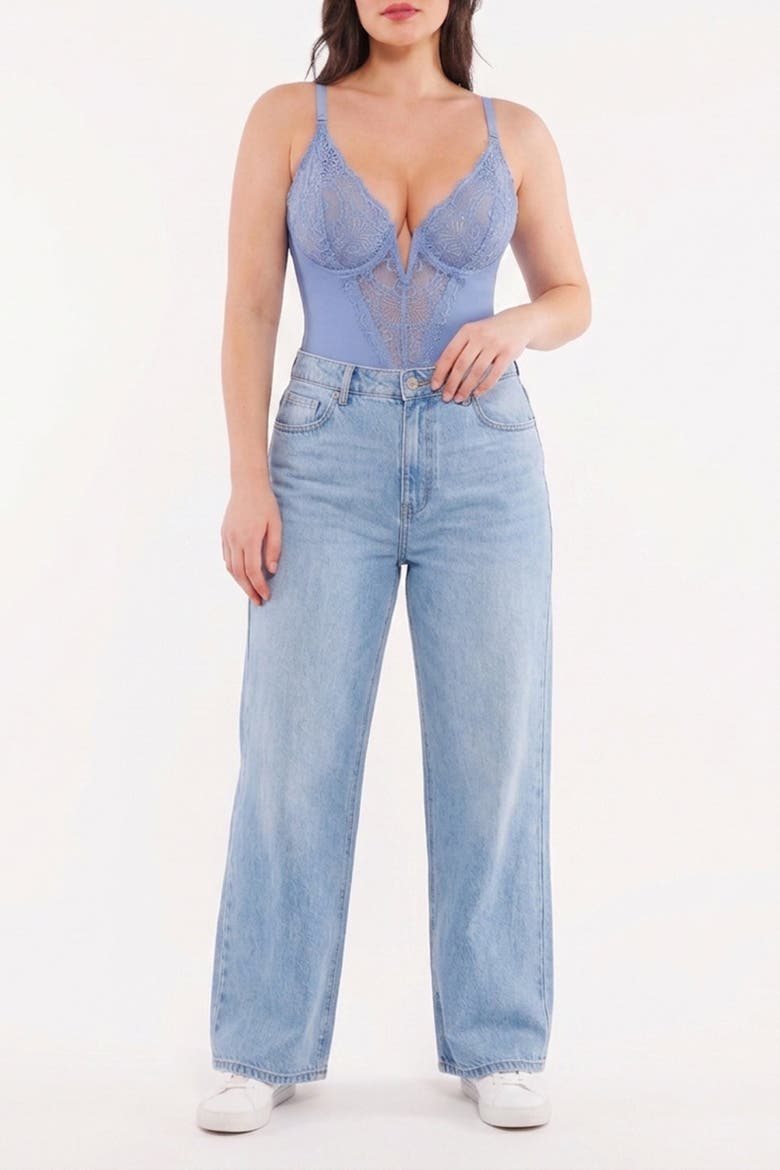 Plus Size Shapewear Lace Deep V-Neck Sculpting Thong Bodysuit, Alternate, color, Baby Blue