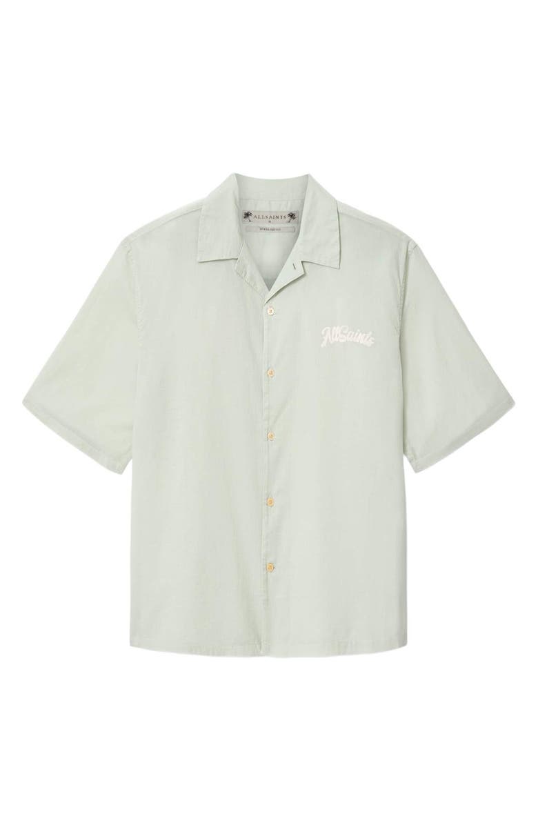 AllSaints Odyssey Oversize Cotton Button-Up Camp Shirt, Main, color, Powdered Green
