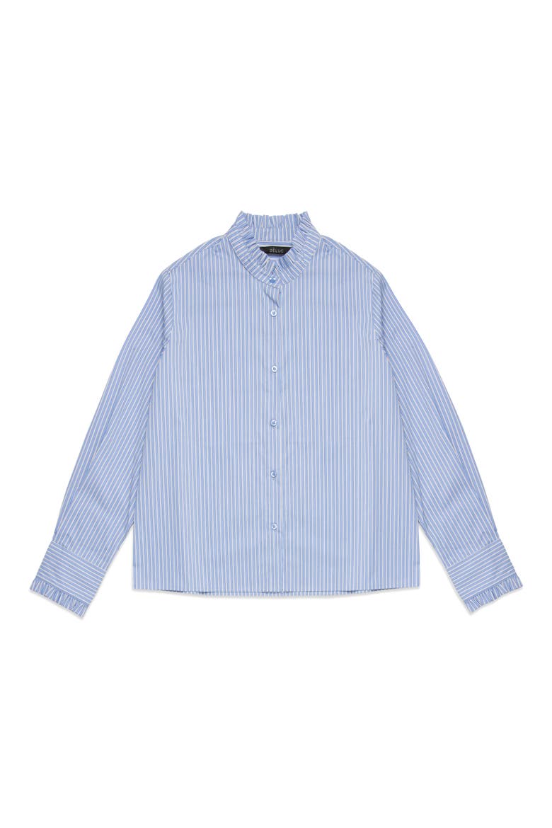 Oscar Ruffle Trim Stripe Cotton Blend Button-Up Shirt, Main, color, LIGHT BLUE
