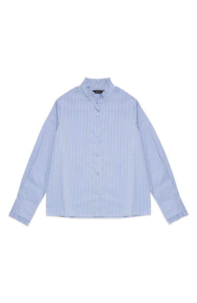 DELUC Oscar Ruffle Trim Stripe Cotton Blend Button-Up Shirt, Main, color, Light Blue