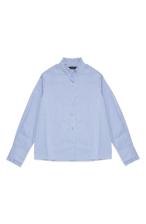 Oscar Ruffle Trim Stripe Cotton Blend Button-Up Shirt