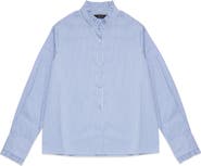DELUC Oscar Ruffle Trim Stripe Cotton Blend Button-Up Shirt