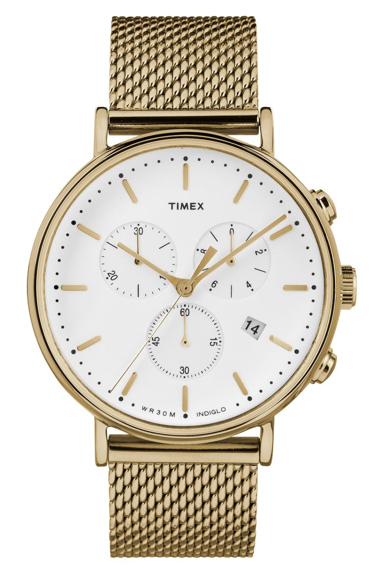 Fairfield Chronograph Mesh Strap Watch, 41mm, Main, color, GOLD/ WHITE/ GOLD