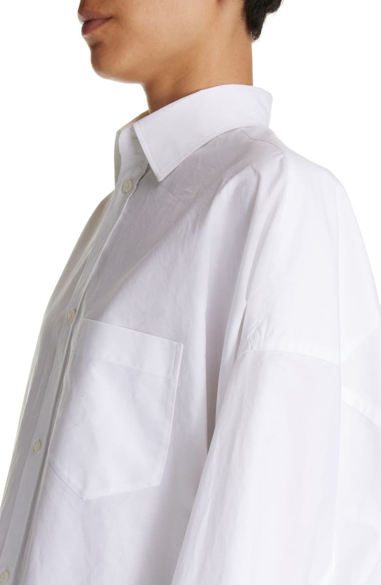 Balenciaga Oversize Crystal Logo Cotton Button-Up Cocoon Shirt, Alternate, color, White