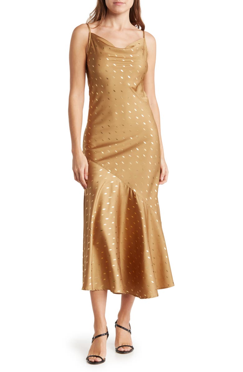 Bonheur D'Amour Metallic Dot Cowl Neck Mermaid Dress, Main, color, 