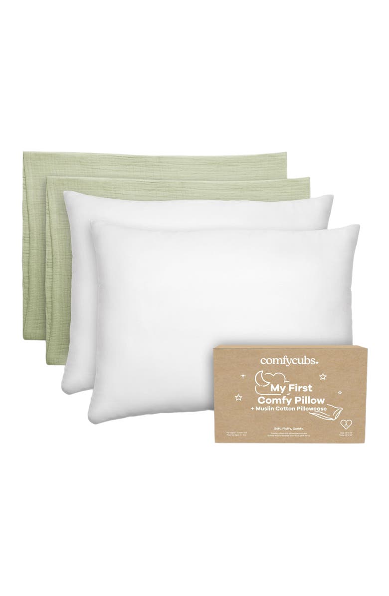 Comfy Cubs Toddler Pillows with Soft Muslin Pillow Case, Pack of 2, Main, color, Sage