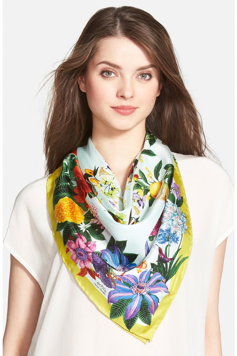 'Secret Garden' Silk Square Scarf, Main, color, SEA MIST