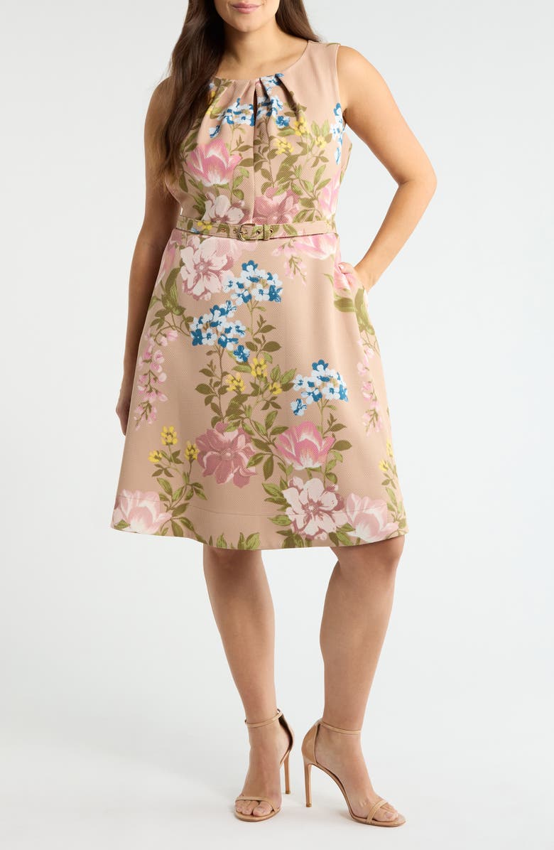 Tahari ASL Floral Belted Pleat Neck Dress, Main, color, Blush Toast