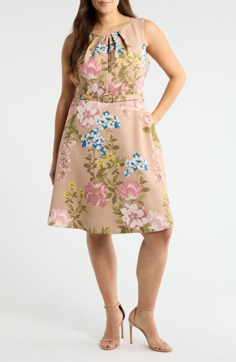 Floral Belted Pleat Neck Dress (Plus)