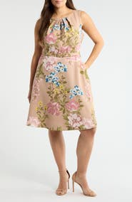 Tahari ASL Floral Belted Pleat Neck Dress