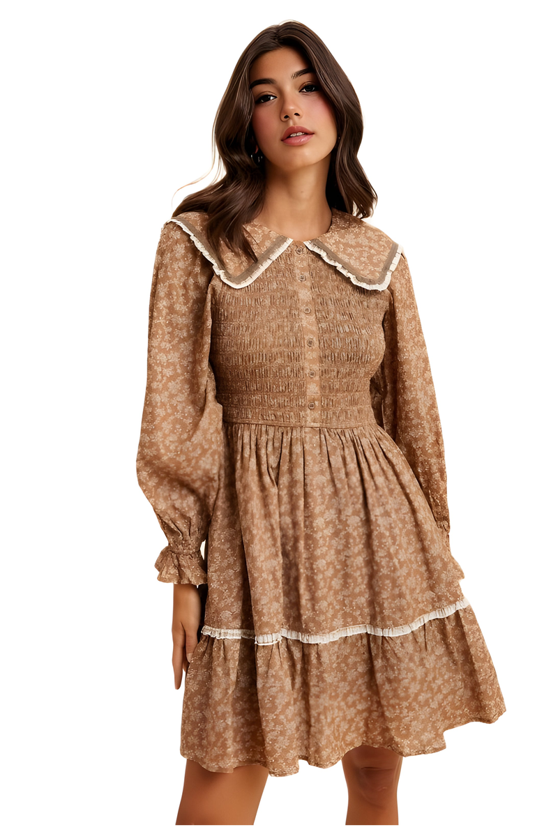 Knit and Lounge Floral Shirred Mini Dress with Lace Trim & Peter Pan Collar, Alternate, color, Brown Floral