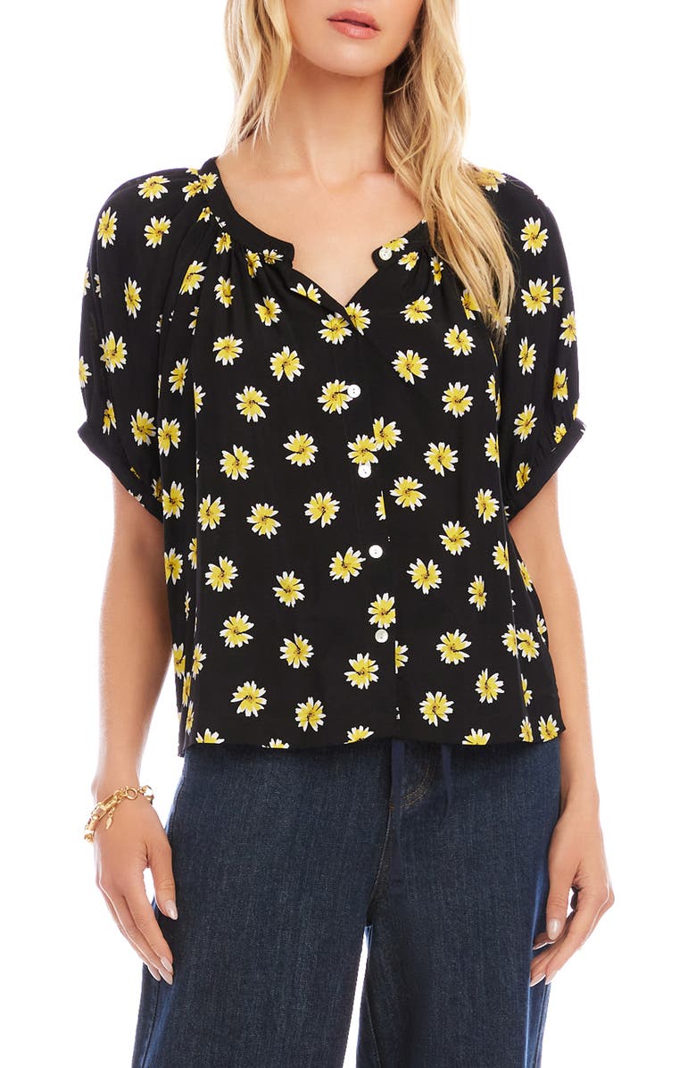 Karen Kane Floral Button-Up Peasant Top, Main, color, Black Print