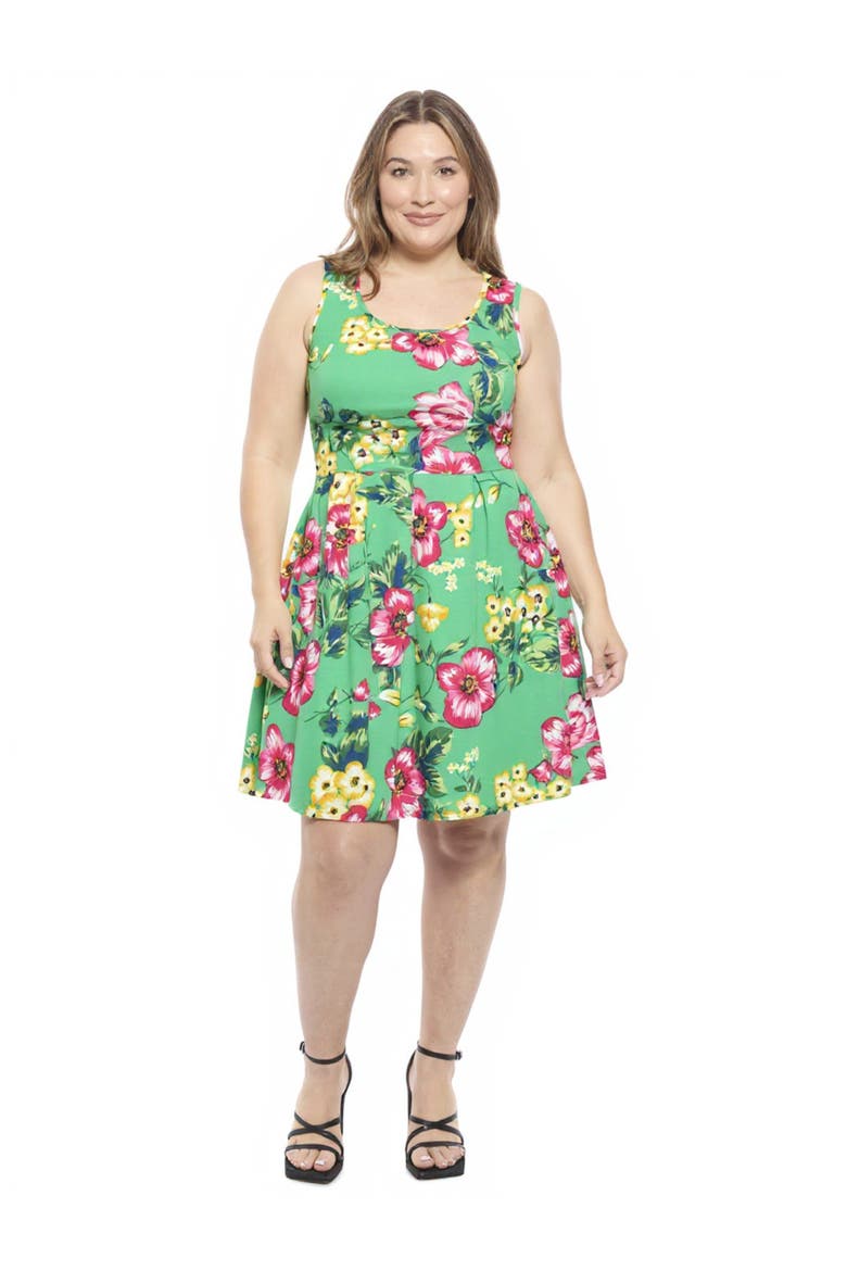 Plus Size Floral Sleeveless Pleated Pocket Skater Dress, Main, color, Green Multi