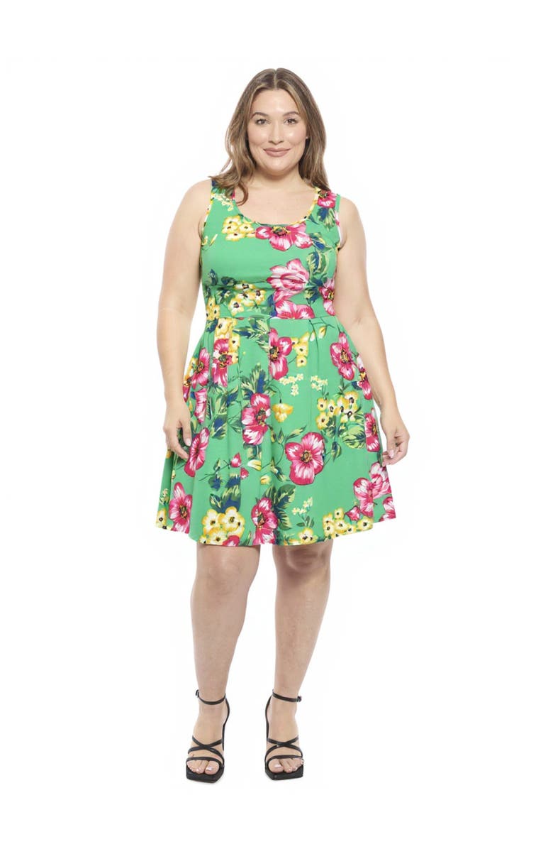 24seven Comfort Apparel Plus Size Floral Sleeveless Pleated Pocket Skater Dress, Main, color, Green Multi