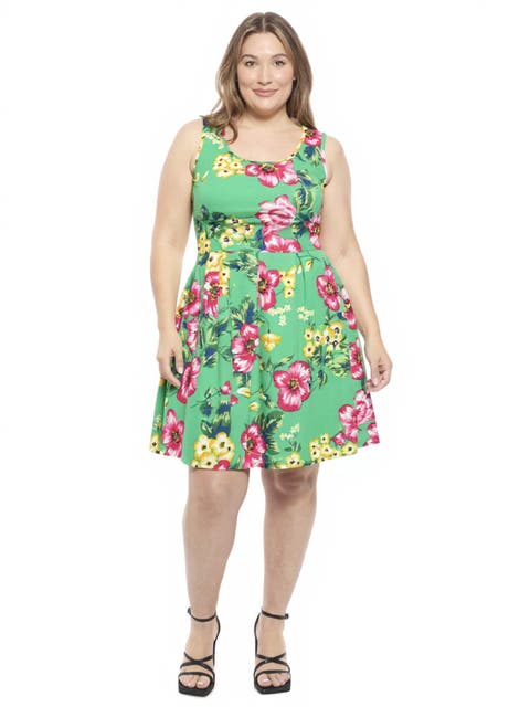 Plus Size Floral Sleeveless Pleated Pocket Skater Dress