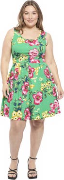 24seven Comfort Apparel Plus Size Floral Sleeveless Pleated Pocket Skater Dress