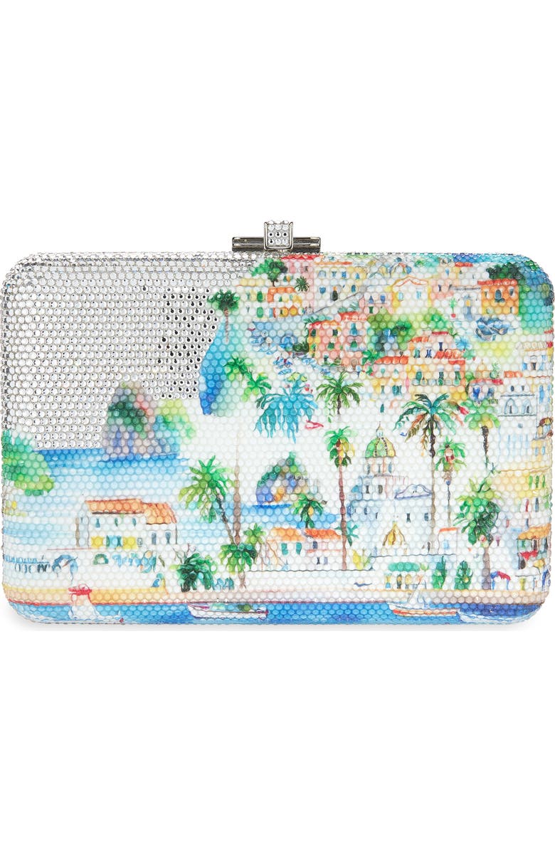 JUDITH LEIBER COUTURE Slim Slide Tropical Crystal Embellished Clutch, Main, color, Silver Rhine Multi