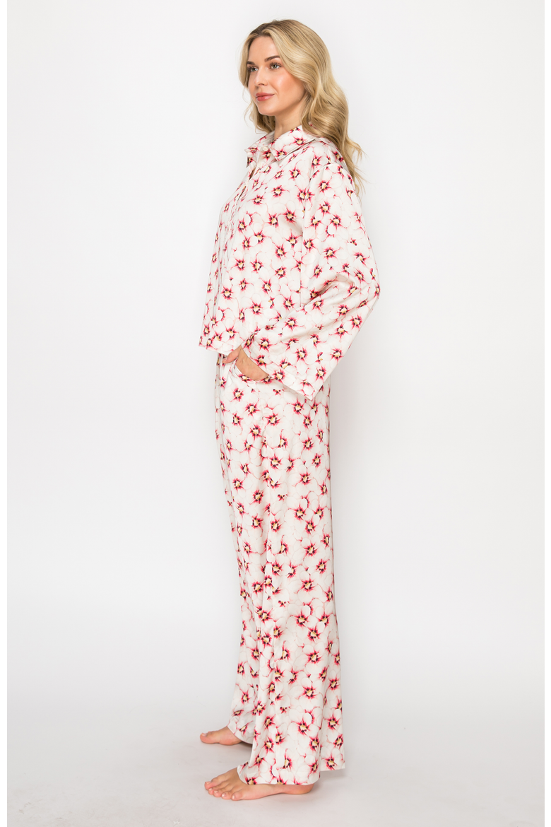 Floral Silky Satin Long Sleeve & Wide Leg Pajama Set, Alternate, color, Red Floral