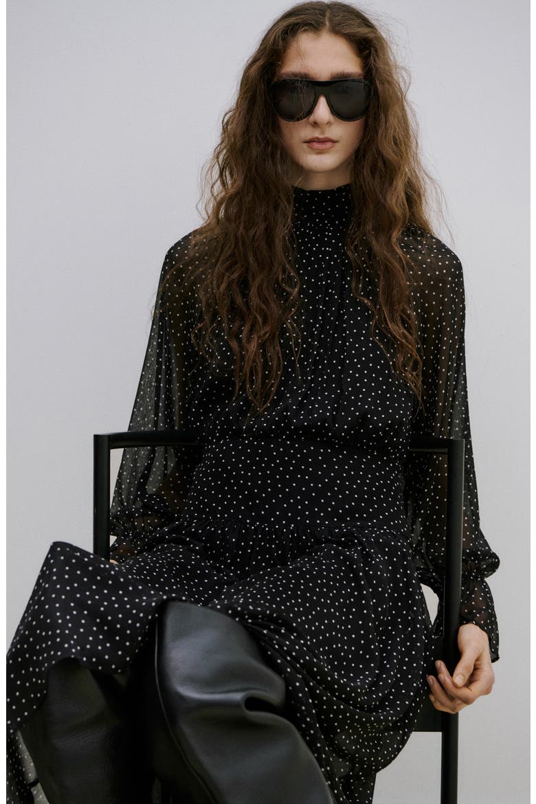 Polka Dot Long Sleeve Midi Dress, Alternate, color, BLACK