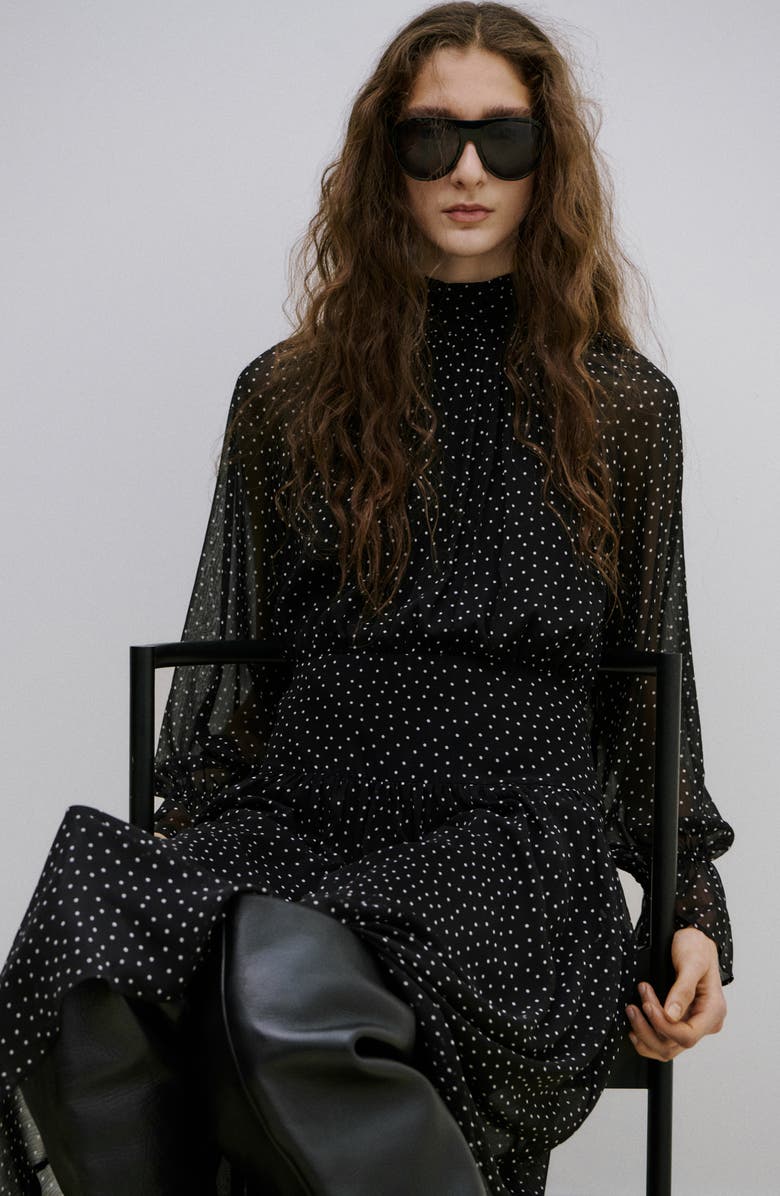 MANGO Polka Dot Long Sleeve Midi Dress, Alternate, color, Black