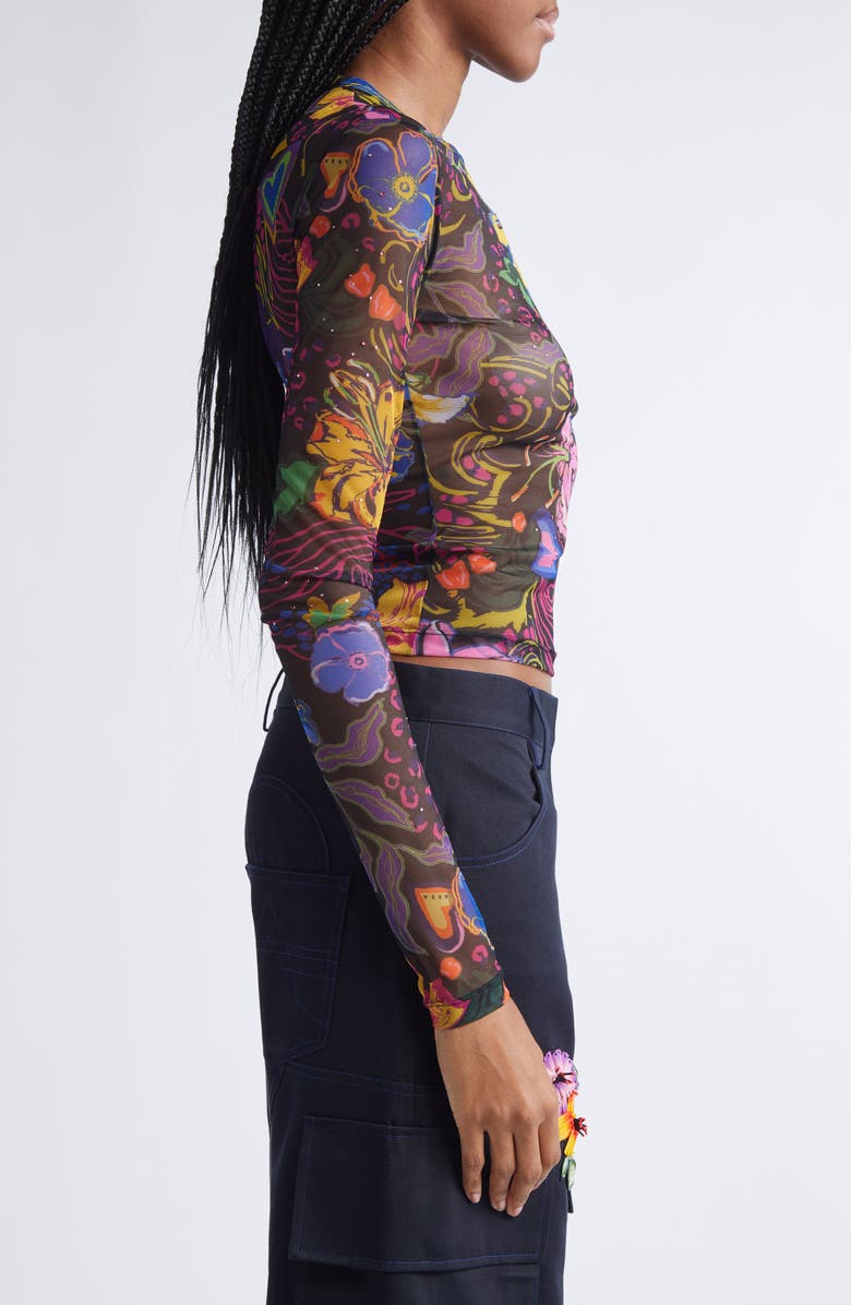 Area Hotfix Printed Tulle Long Sleeve Top, Alternate, color, Black Multi