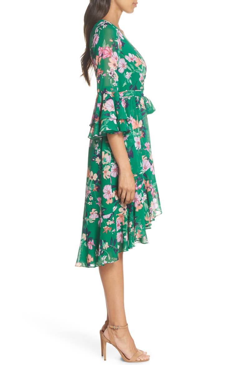 Ruffle Sleeve Floral Faux Wrap Dress, Alternate, color, GREEN