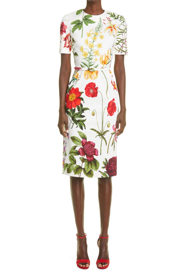 Floral Belted Stretch Cotton Twill Dress, Main, color, WHITE MULTI