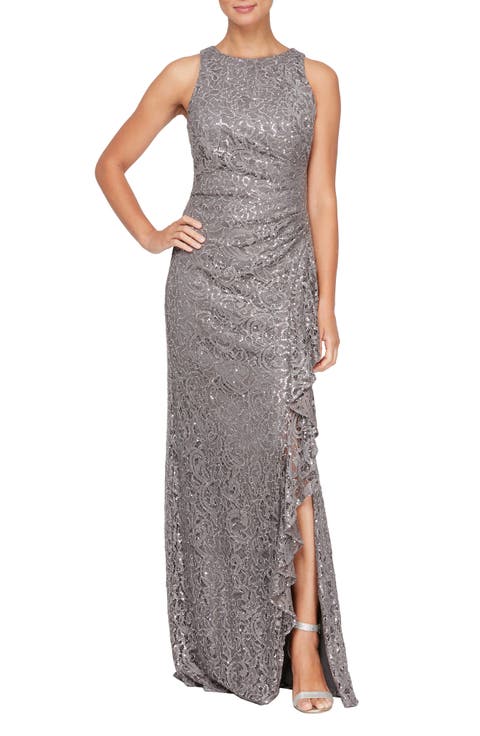 Sequin Ruched Ruffle A-Line Gown