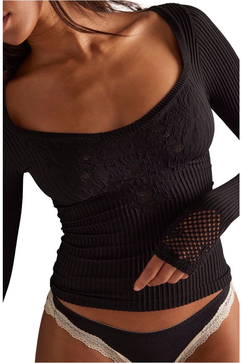 Dynamic Duo Pointelle & Rib Long Sleeve Top, Alternate, color, BLACK