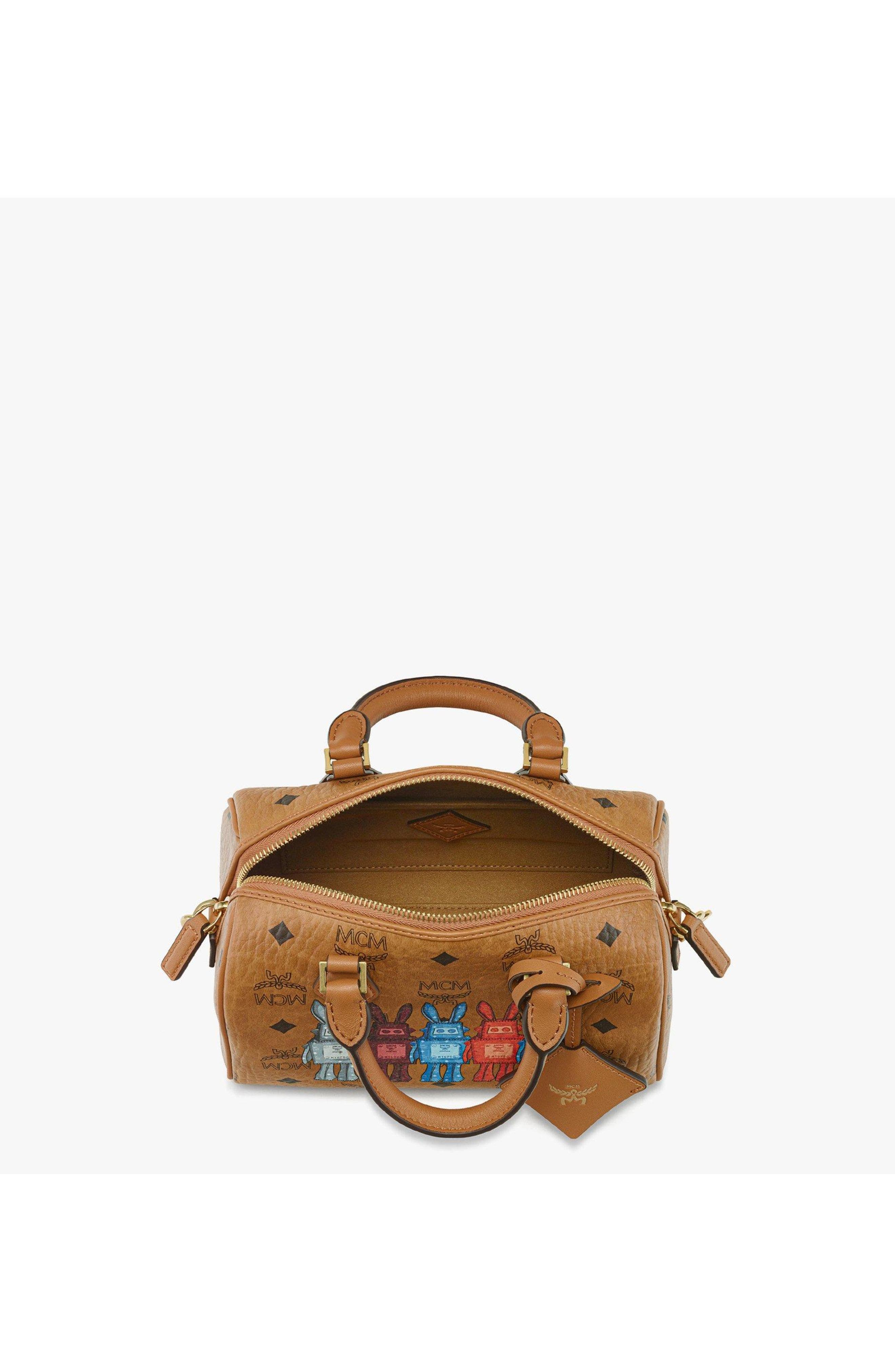 MCM Small Ella Boston Bag in Rabot Visetos, Alternate, color, Cognac