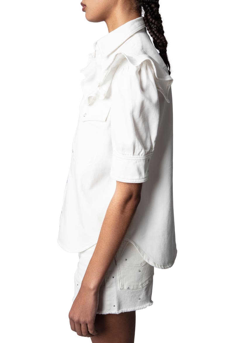 Toky Ruffle Cotton Denim Shirt, Alternate, color, JUDO