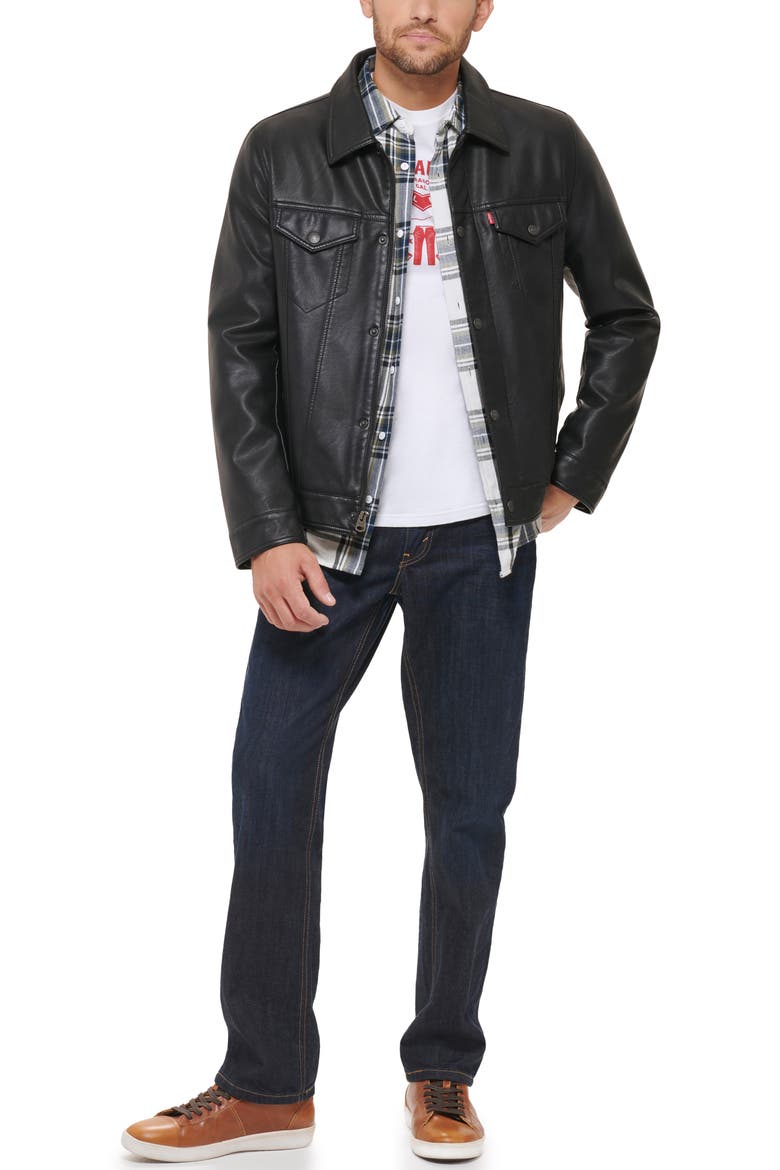 Faux Leather Trucker Jacket, Alternate, color, BLACK